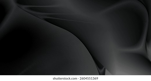 Black abstract background design. Modern wavy line pattern (guilloche curves) in monochrome colors. Premium stripe texture for banner, business backdrop. Dark horizontal vector template