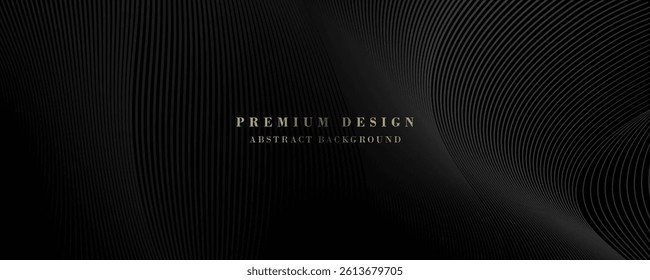 Black abstract background design. Modern wavy line pattern in monochrome colors. Premium stripe texture for banner, business backdrop. Dark horizontal vector template