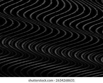 Black abstract background design. Modern wavy lines (guilloche curves) pattern in monochrome colors. Premium line texture for banner, business background. Dark horizontal vector template.