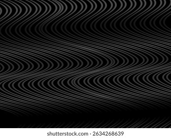 Projeto de fundo abstrato preto. Padrão moderno de linhas onduladas (curvas guilhochadas) em cores monocromáticas. Textura de linha Premium para banner, plano de fundo empresarial. Modelo vetorial horizontal escuro.