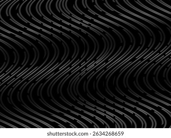 Black abstract background design. Modern wavy lines (guilloche curves) pattern in monochrome colors. Premium line texture for banner, business background. Dark horizontal vector template.