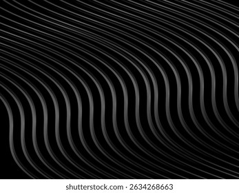 Black abstract background design. Modern wavy lines (guilloche curves) pattern in monochrome colors. Premium line texture for banner, business background. Dark horizontal vector template.