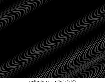 Black abstract background design. Modern wavy lines (guilloche curves) pattern in monochrome colors. Premium line texture for banner, business background. Dark horizontal vector template.