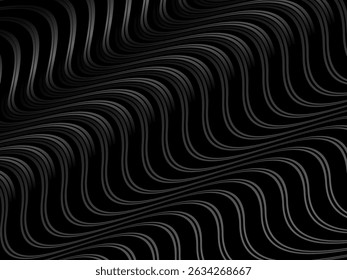 Black abstract background design. Modern wavy lines (guilloche curves) pattern in monochrome colors. Premium line texture for banner, business background. Dark horizontal vector template.