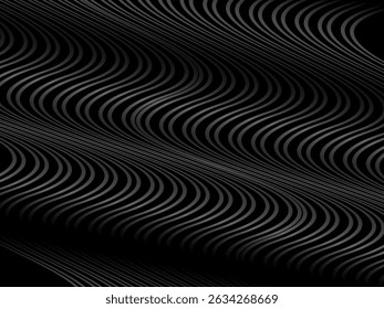 Black abstract background design. Modern wavy lines (guilloche curves) pattern in monochrome colors. Premium line texture for banner, business background. Dark horizontal vector template.