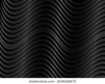 Schwarzes abstraktes Hintergrunddesign. Moderne wellenförmige Linien (Guilloche-Kurven) Muster in monochromen Farben. Hochwertige Linienstruktur für Banner, geschäftlicher Hintergrund. Dunkle horizontale Vektorvorlage.