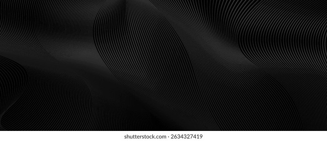 Schwarzes abstraktes Hintergrunddesign. Modernes wellenförmiges Linienmuster in monochromen Farben. Premium-Streifenstruktur für Banner, Business-Hintergrund. Dunkle horizontale Vektorvorlage
