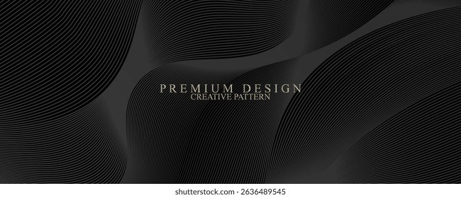 Black abstract background design. Modern wavy line pattern (guilloche curves) in monochrome colors. Premium stripe texture for banner, business backdrop. Dark horizontal vector template