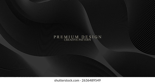 Black abstract background design. Modern wavy line pattern (guilloche curves) in monochrome colors. Premium stripe texture for banner, business backdrop. Dark horizontal vector template