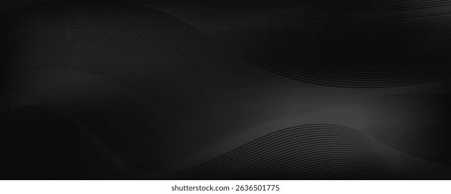 Black abstract background design. Modern wavy line pattern in monochrome colors. Premium stripe texture for banner, business backdrop. Dark horizontal vector template