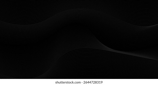 Black abstract background design. Modern wavy line pattern in monochrome colors. Premium stripe texture for banner, business backdrop. Dark horizontal vector template