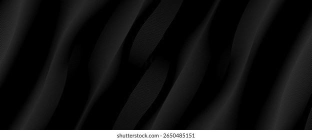 Black abstract background design. Modern wavy line pattern (guilloche curves) in monochrome colors. Premium stripe texture for banner, business backdrop. Dark horizontal vector template

