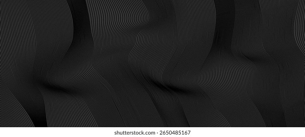 Diseño de fondo abstracto negro. Moderno patrón de línea ondulada (curvas guilloché) en colores monocromos. Textura de la raya de Premium para el Anuncio, telón de fondo del negocio. Plantilla de Vector Horizontal oscuro
