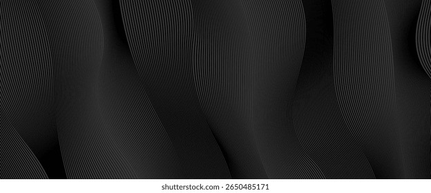 Diseño de fondo abstracto negro. Moderno patrón de línea ondulada (curvas guilloché) en colores monocromos. Textura de la raya de Premium para el Anuncio, telón de fondo del negocio. Plantilla de Vector Horizontal oscuro
