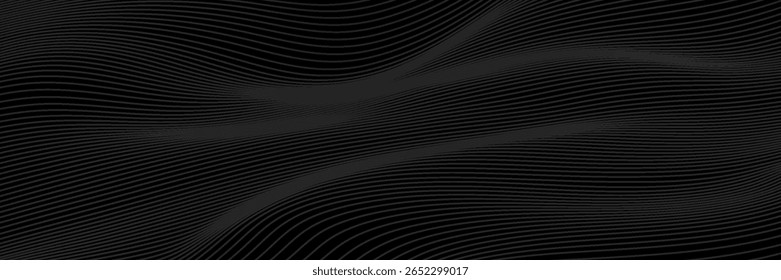 Diseño de fondo abstracto negro. Moderno patrón de línea ondulada (curvas guilloché) en colores monocromos. Textura de la raya de Premium para el Anuncio, telón de fondo del negocio. Plantilla de Vector Horizontal oscuro