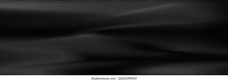 Schwarzes abstraktes Hintergrunddesign. Modernes Wellenlinienmuster (Guilloche-Kurven) in monochromen Farben. Premium-Streifenstruktur für Banner, Business-Hintergrund. 