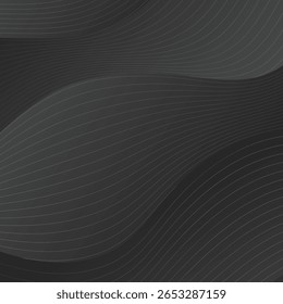 Schwarzes abstraktes Hintergrunddesign. Modernes wellenförmiges Linienmuster in monochromen Farben. Premium-Streifenstruktur für Banner, Business-Hintergrund. Dunkle horizontale Vektorvorlage