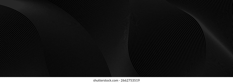 Black abstract background design. Modern wavy line pattern in monochrome colors. Dark horizontal vector template