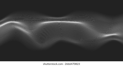 Black abstract background design. Modern wavy line pattern (guilloche curves) in monochrome colors. Premium stripe texture for banner, business backdrop. Dark horizontal vector template