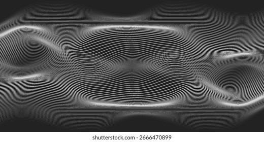 Projeto de fundo abstrato preto. Padrão de linha ondulada moderno (curvas guilhochadas) em cores monocromáticas. Textura de faixa premium para banner, plano de fundo empresarial. Modelo de vetor horizontal escuro