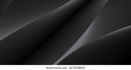 Black abstract background design. Modern wavy line pattern in monochrome colors. Premium stripe texture for banner, business backdrop. Dark horizontal vector template