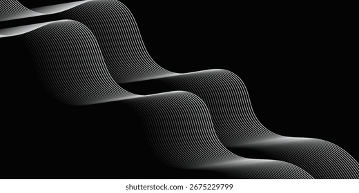 Black abstract background design. Modern wavy line pattern in monochrome colors. Premium stripe texture for banner, business backdrop. Dark horizontal vector template