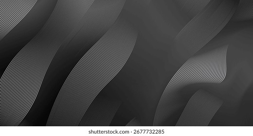 Diseño de fondo abstracto negro. Moderno patrón de línea ondulada (curvas guilloché) en colores monocromos. Textura de la raya de Premium para el Anuncio, telón de fondo del negocio. Plantilla de Vector Horizontal oscuro
