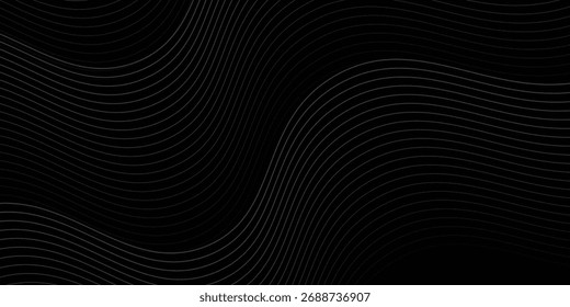 Schwarzes abstraktes Hintergrunddesign. Modernes Wellenlinienmuster (Guilloche-Kurven) in monochromen Farben. Premium-Streifenstruktur 