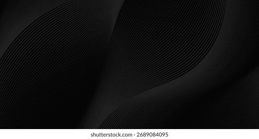 Schwarzes abstraktes Hintergrunddesign. Modernes wellenförmiges Linienmuster in monochromen Farben. Premium-Streifenstruktur für Banner, Business-Hintergrund. Dunkle horizontale Vektorvorlage