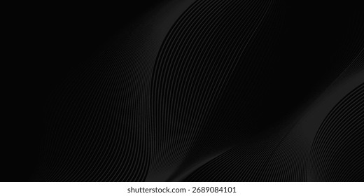 Black abstract background design. Modern wavy line pattern in monochrome colors. Premium stripe texture for banner, business backdrop. Dark horizontal vector template