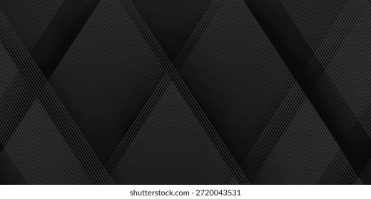 Schwarzes abstraktes Hintergrunddesign. Modernes Wellenlinienmuster (Guilloche-Kurven) in monochromen Farben. Premium-Streifenstruktur für Banner, Business-Hintergrund. Dunkle horizontale Vektorvorlage