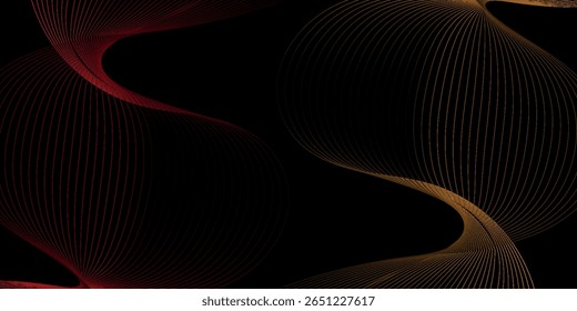 Black abstract background design with wavy line pattern in red and orange colors. Premium stripe texture for banner, business backdrop. Dark horizontal vector template