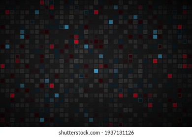 Fondo abstracto negro con cuadros transparentes diferentes. Aspecto de mosaicos rojos, azules y grises. Ilustración vectorial moderna