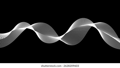 Fundo abstrato preto com ondas de frequência dinâmica. linhas onduladas brancas. Ilustração vetorial.