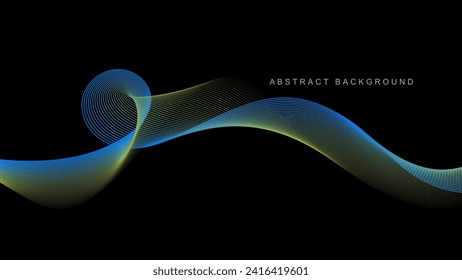 Black abstract background with dynamic glowing lines waves of yellow blue color. Futuristic technology concept for banner, presentation, poster, web, wallpaper, cover and brochure. Vector illustration