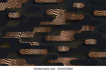 Black abstract background with geometric paper shapes in memphis style and sparkling golden curved lines stylized zebra pattern can be used for the design of Black Friday sale