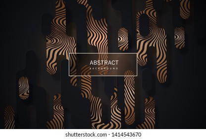 Black abstract background with geometric paper shapes in memphis style and sparkling golden curved lines stylized zebra pattern can be used for the design of Black Friday sale