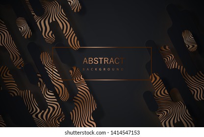 Black abstract background with geometric paper shapes in memphis style and sparkling golden curved lines stylized zebra pattern can be used for the design of Black Friday sale