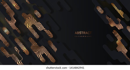 Black abstract background with geometric paper shapes in memphis style and sparkling golden curved lines stylized zebra pattern can be used for the design of Black Friday sale