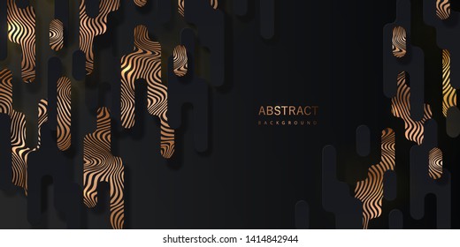 Black abstract background with geometric paper shapes in memphis style and sparkling golden curved lines stylized zebra pattern can be used for the design of Black Friday sale