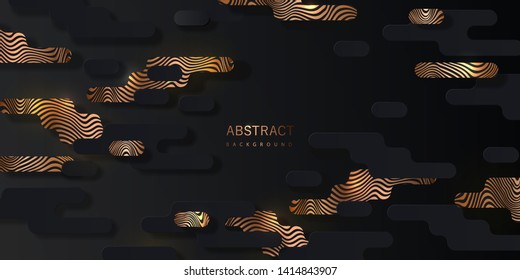 Black abstract background with geometric paper shapes in memphis style and sparkling golden curved lines stylized zebra pattern can be used for the design of Black Friday sale