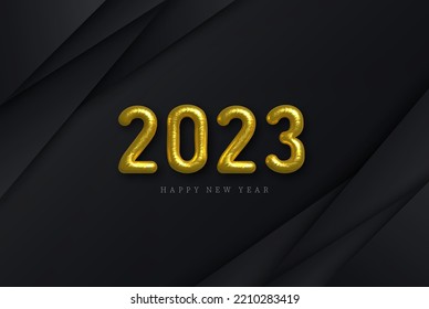 Fondo abstracto negro con formas geométricas y figuras de aire dorado 3D 2023. Año Nuevo y Navidad