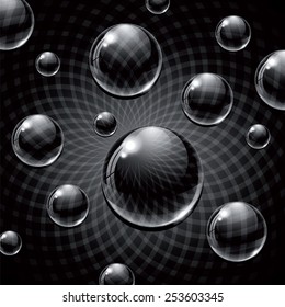 Black abstract background with black glass balls with patterns inside.