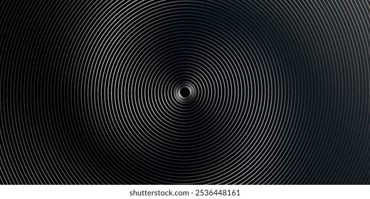 Fondo abstracto negro con círculos brillantes. Patrón de línea de remolino circular. Espiral geométrica. Elementos giratorios. Diseño gráfico moderno. Tecnología futurista