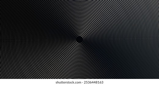 Black abstract background with glowing circles. Circular swirling line pattern. Geometric spiral. Rotating elements. Modern graphic design. Futuristic technology