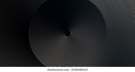Fondo abstracto negro con círculos brillantes. Patrón de línea de remolino circular. Espiral geométrica. Elementos giratorios. Diseño gráfico moderno. Tecnología futurista