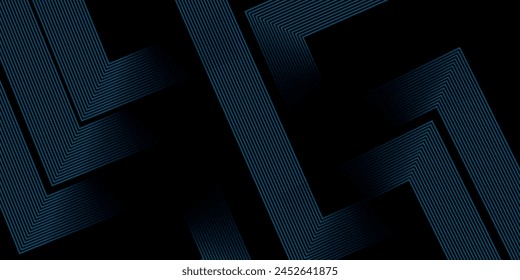 Black abstract background with glowing geometric lines. Modern shiny blue lines pattern. Elegant graphic design. Futuristic technology concept. Suit for poster, banner, brochure, cover, website, flyer
