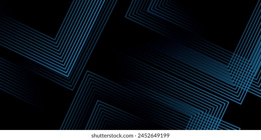 Black abstract background with glowing geometric lines. Modern shiny blue lines pattern. Elegant graphic design. Futuristic technology concept. Suit for poster, banner, brochure, cover, website, flyer
