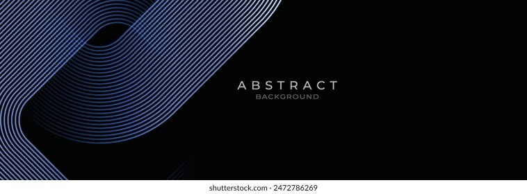 Schwarzer abstrakter Hintergrund mit leuchtenden geometrischen Linien. Moderne glänzend blaue abgerundete quadratische Linien Muster. Geeignet für Banner, Cover, Poster, Website, Präsentation, Broschüre, Flyer, Header
