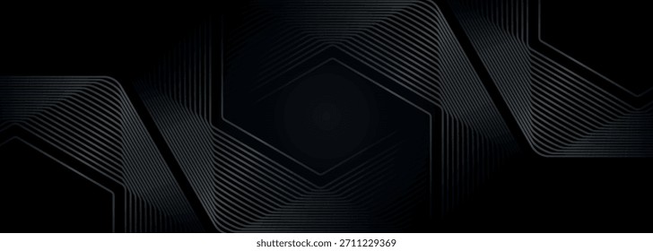 Black abstract background with glowing geometric line design. Modern and futuristic shiny blue gradient hexagon line pattern. EPS. 3